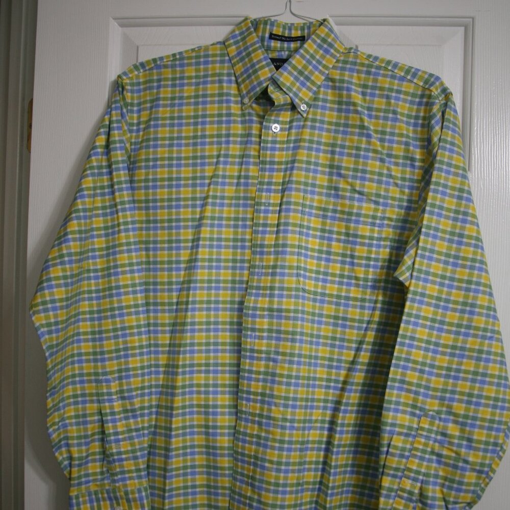 Lands End Men's Supima No Iron Oxford Shirt, Size M, 15-15.5, Yellow/Blue/Green